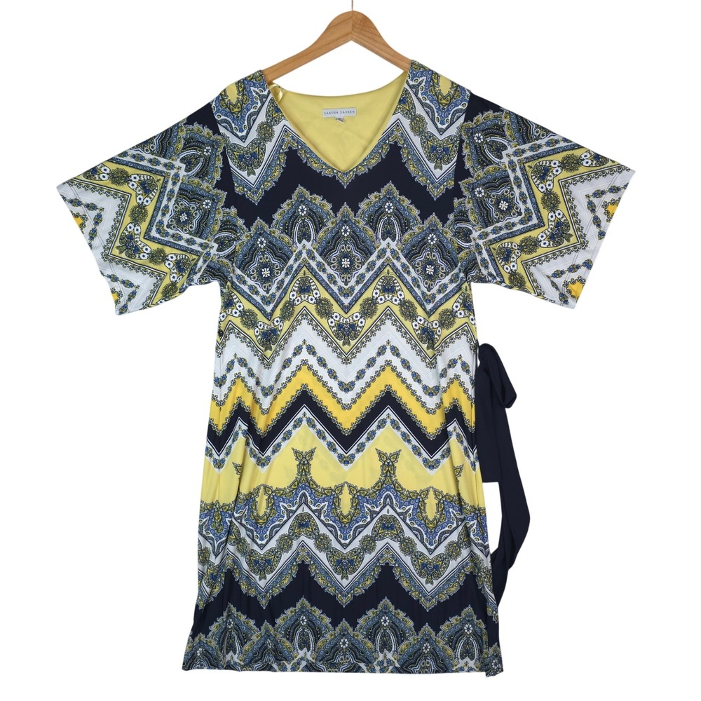 Sandra Darren Paisley Chevron Print Dress Womens‎ Medium Yellow Navy Blue V-Neck